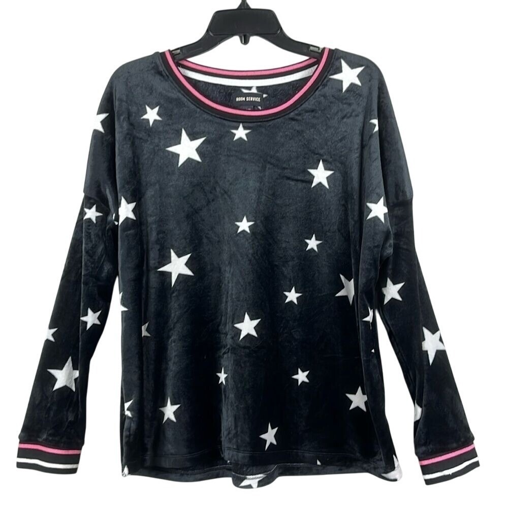 Room Service Womens Long Sleeve Velour Pajama/Lounge Top‎ Size XL Black W/Stars